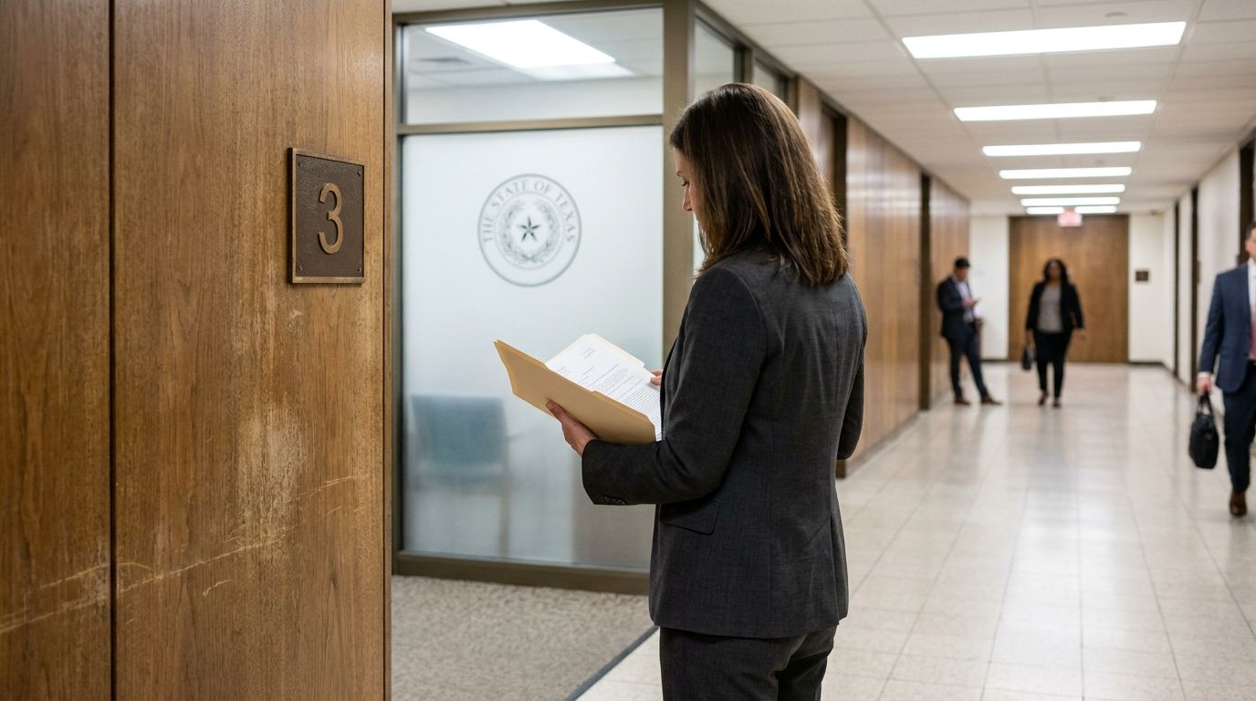 Person reading papers in a hallway outside an office, with other people walking in the background.