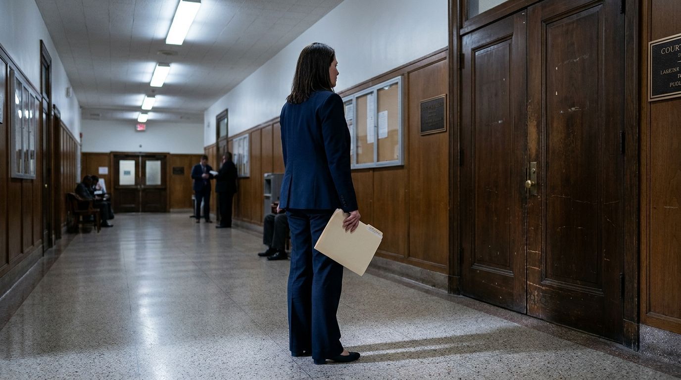 Person standing in a long hallway holding papers, with wooden doors lining the corridor.