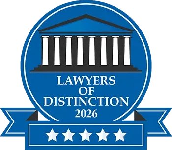 Blue award emblem with courthouse icon, reading “Lawyers of Distinction 2026,” and five stars.