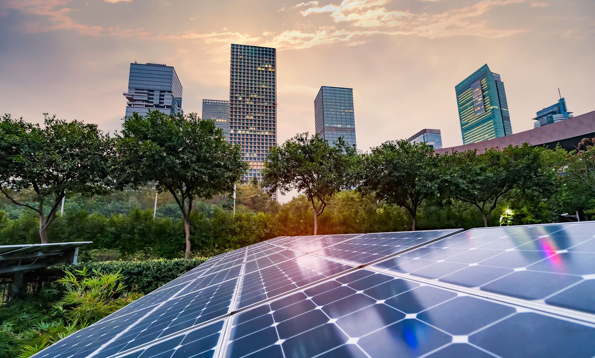Solar panels in a park foreground with city skyscrapers and trees at sunset. Solar panels in a park foreground with city skyscrapers and trees at sunset.