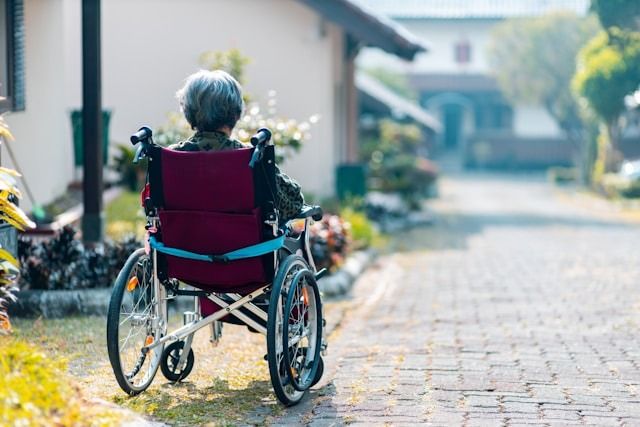 Person in a wheelchair on a sunlit residential path, viewed from behind.