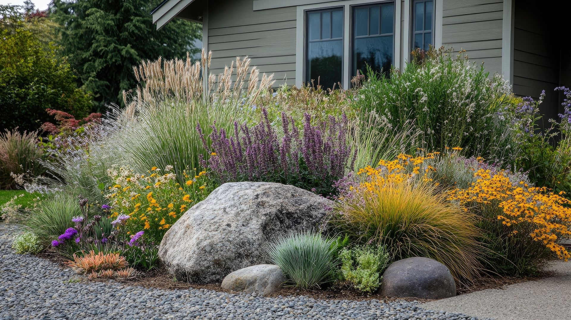 A landscaped front yard with colorful flowers, shrubs, and large rocks in front of a house.