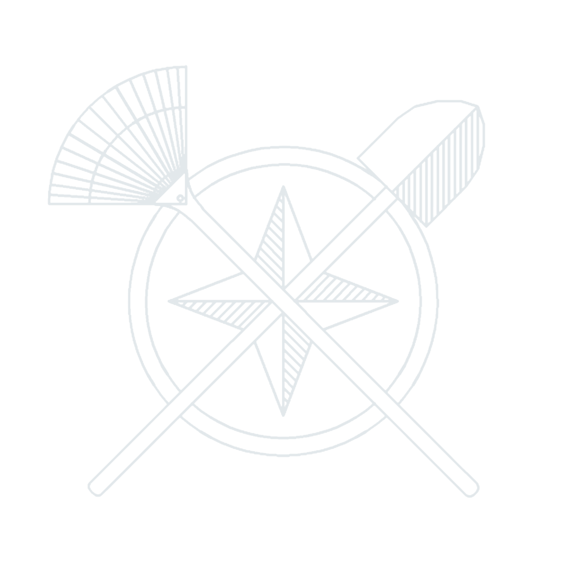 Rake and Shovel with compass icon in the middle