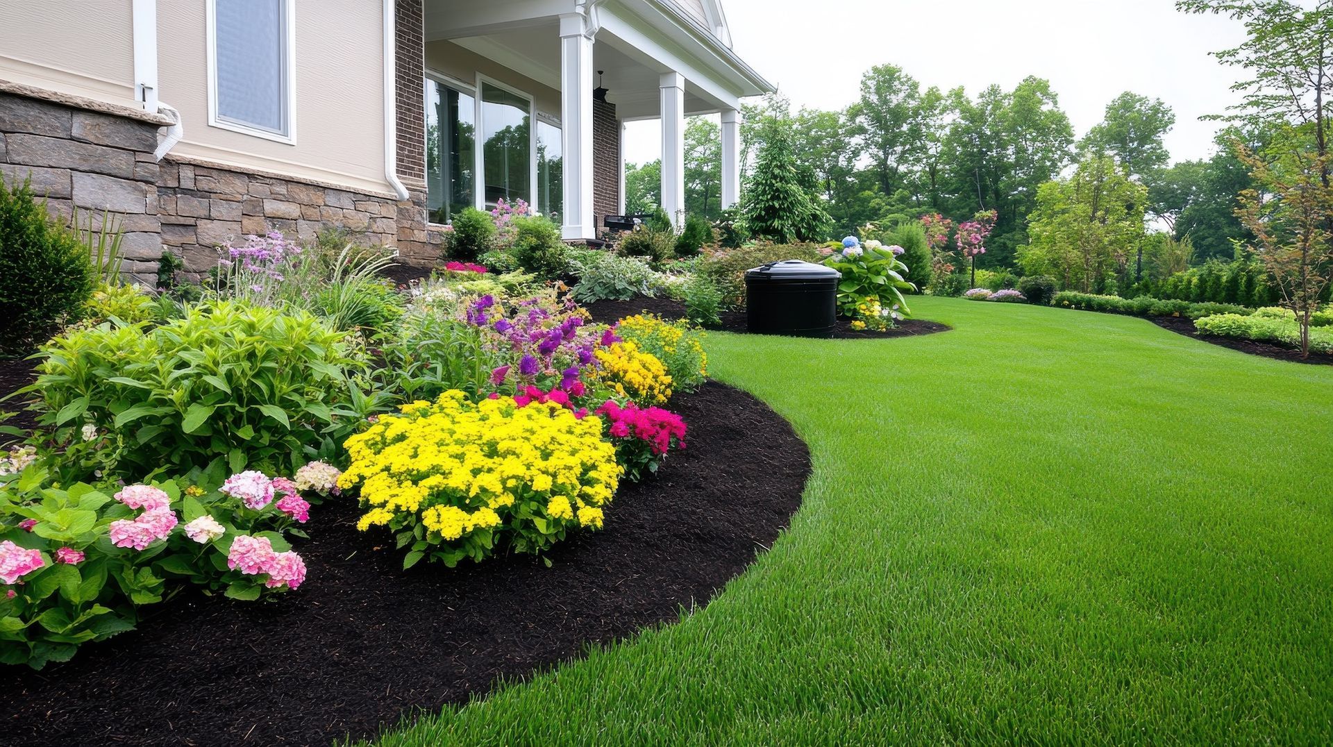 Colorful flower bed beside a house, bordered by dark mulch and a green lawn