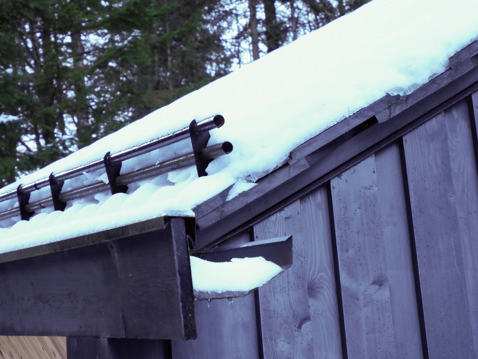 Snow-covered roof with a dark wooden railing and pine trees in the background