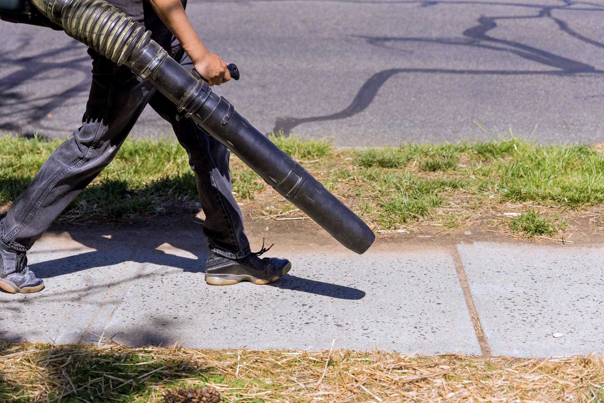 Worker using a black leaf blower to clear debris from a sidewalk beside grass and pavement