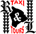 A black and white logo for r & r taxi tours