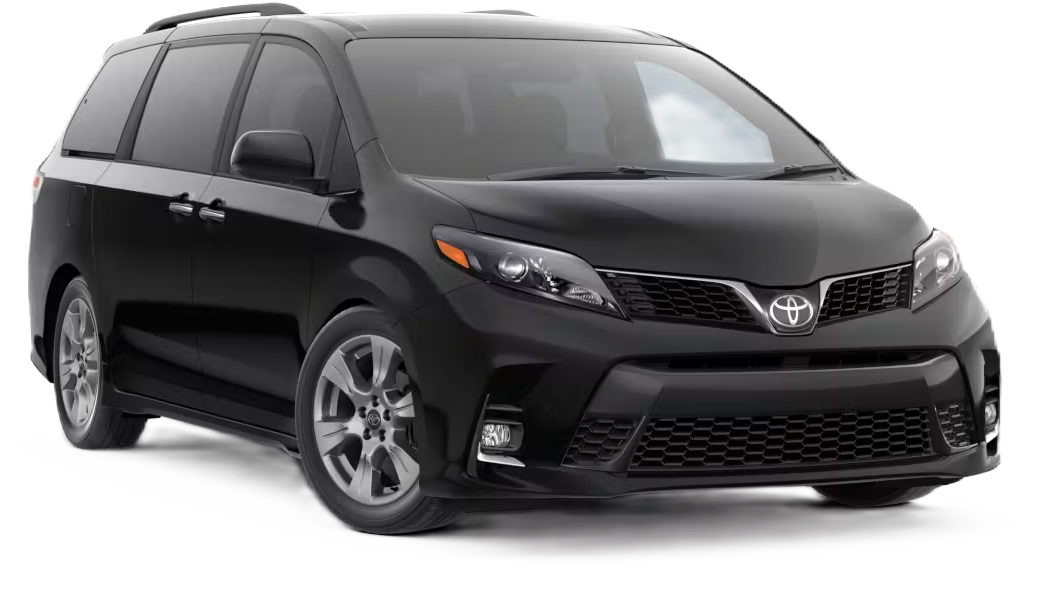 A black minivan is parked on a white background.