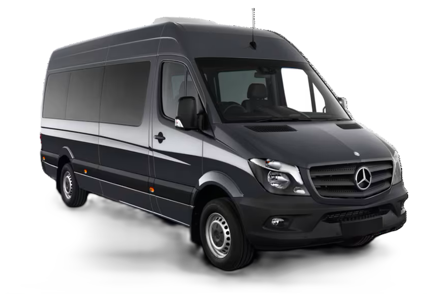A black mercedes sprinter van is shown on a white background.