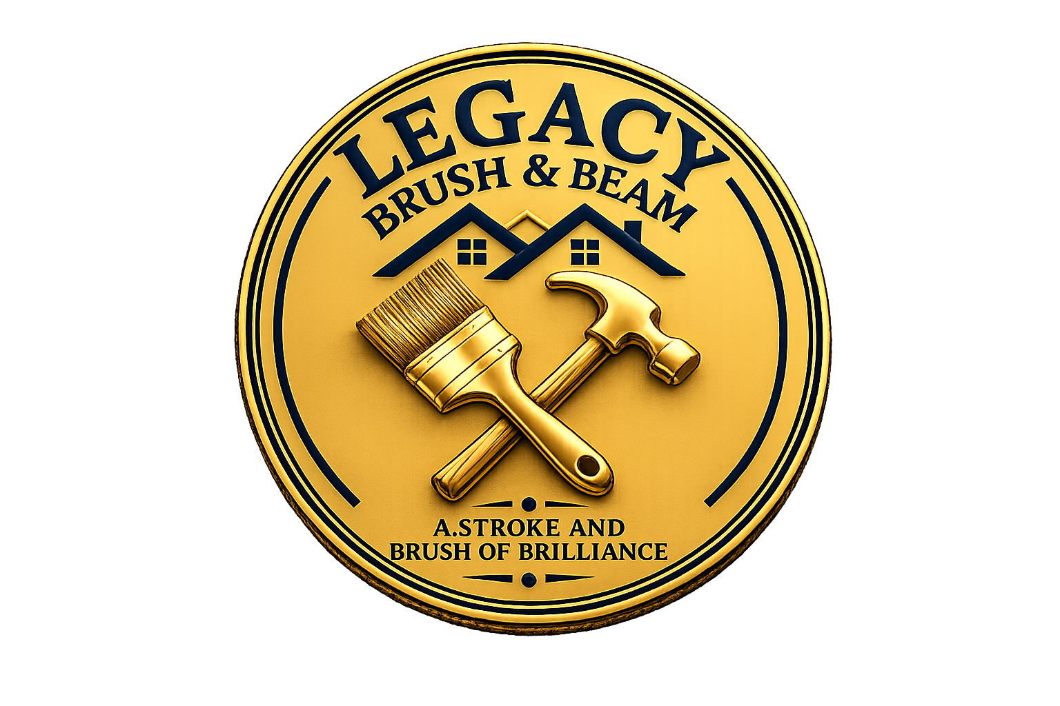Gold circular logo reading “LEGACY BRUSH & BAM” with crossed brush and hammer icons and the tagline “A STROKE OF BRILLIANCE.”