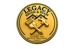 Gold circular logo reading “LEGACY BRUSH & BAM” with crossed brush and hammer icons and the tagline “A STROKE OF BRILLIANCE.”