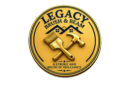 Gold circular logo reading “LEGACY BRUSH & BAM” with crossed brush and hammer icons and the tagline “A STROKE OF BRILLIANCE.”