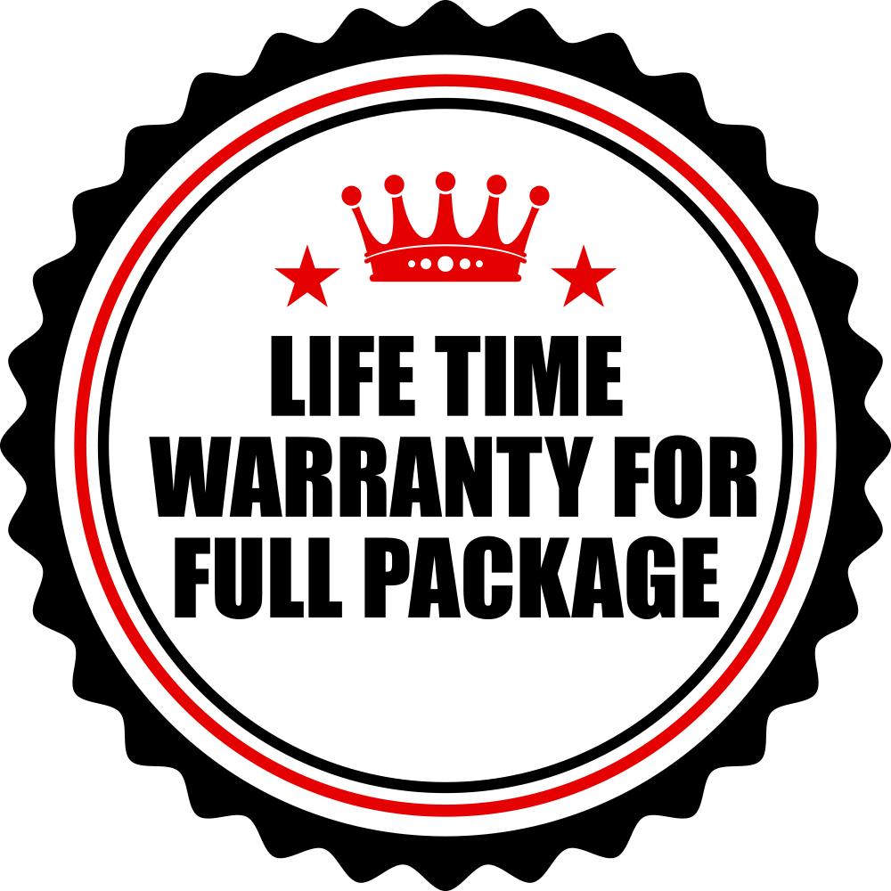 A circular black and red badge with a crown, stars, and the text 
