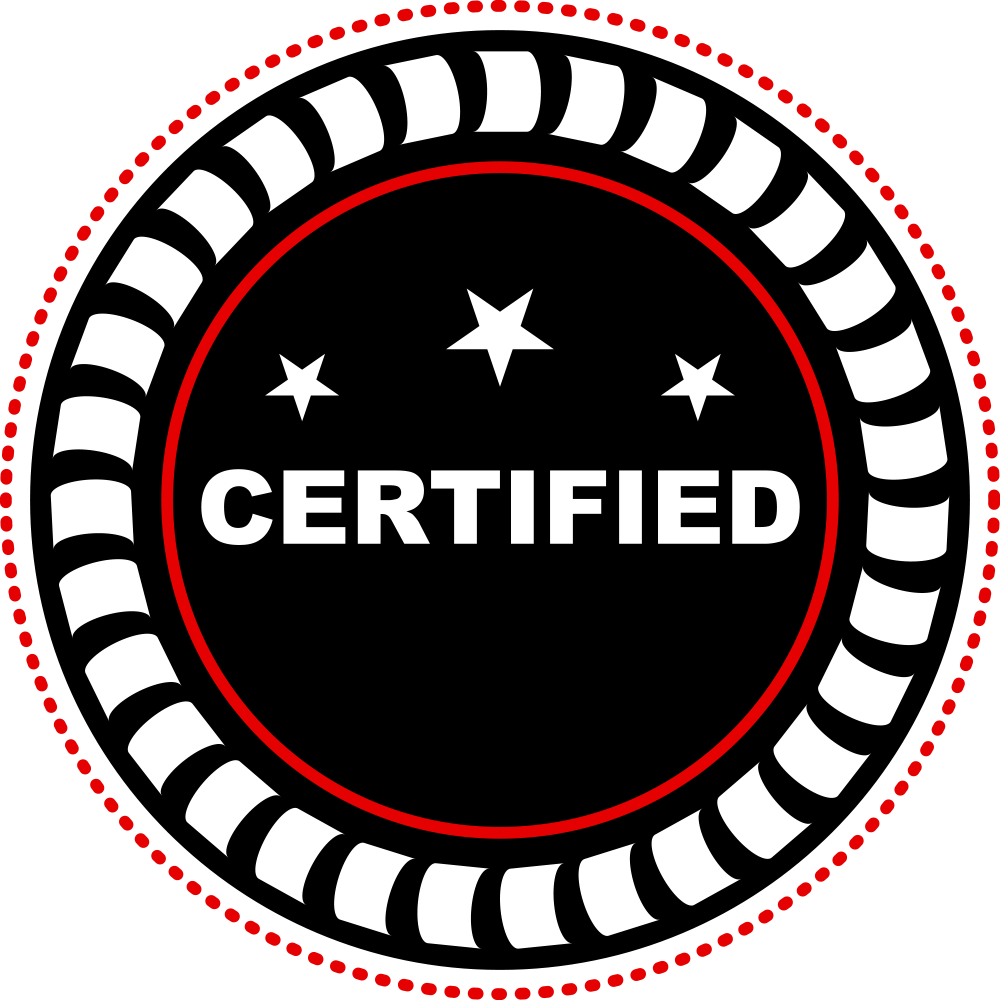 A black circular badge with a white, red-dotted border, three white stars, and the word 