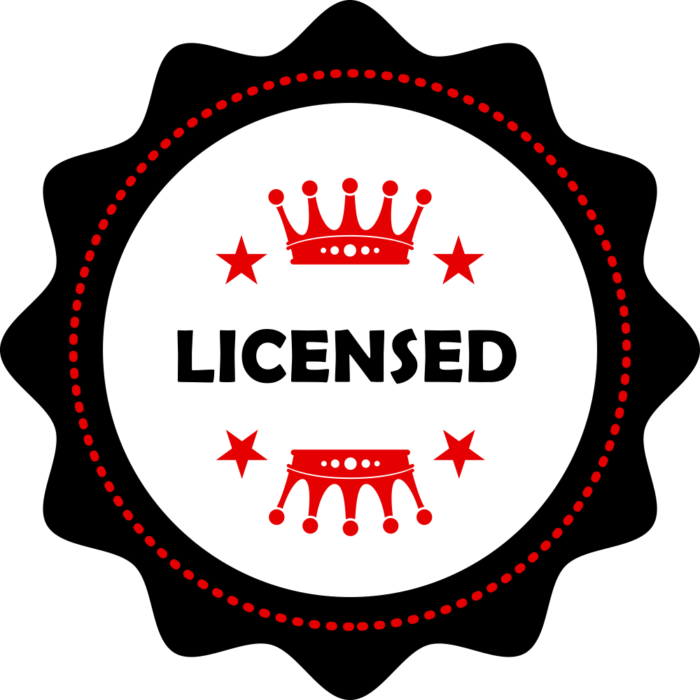 A black and white circular seal with red crowns and stars, reading 