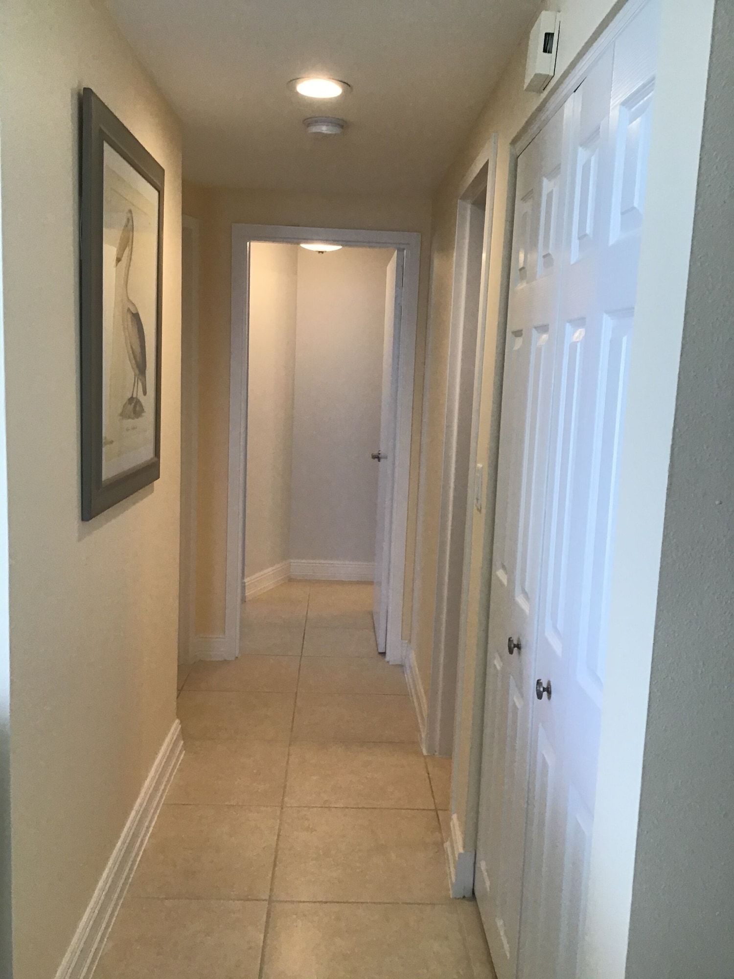 A long hallway with white doors and a picture on the wall.