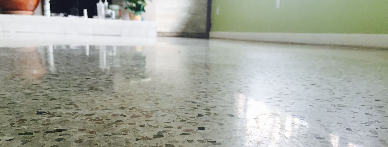 Low-angle view of a wet, speckled floor reflecting light in an indoor space