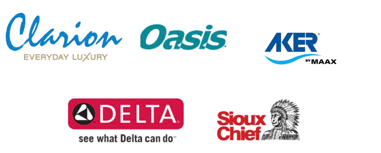 Logo collage for Clarion, Oasis, AKER, Delta, and Sioux Chief brands