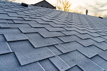 Close-up view of a shingled roof covered in frost, with a blurred sky in the background.