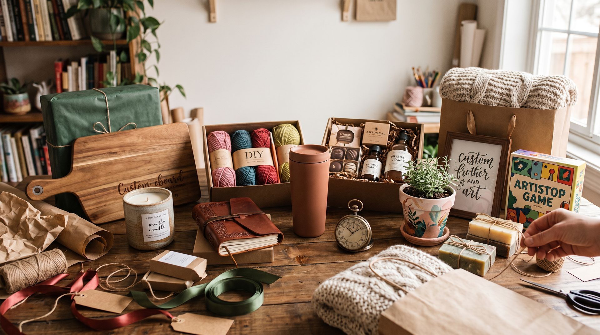 Vintage travel-themed tabletop display with maps, postcards, books, and a suitcase on a rustic desk