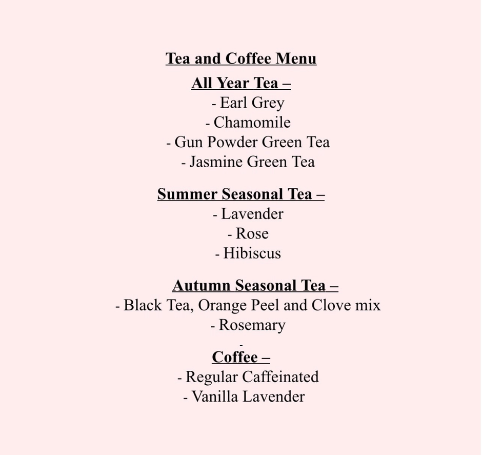 Tea and Coffee menu listing all-year, seasonal, and collagen teas on a pale pink background.