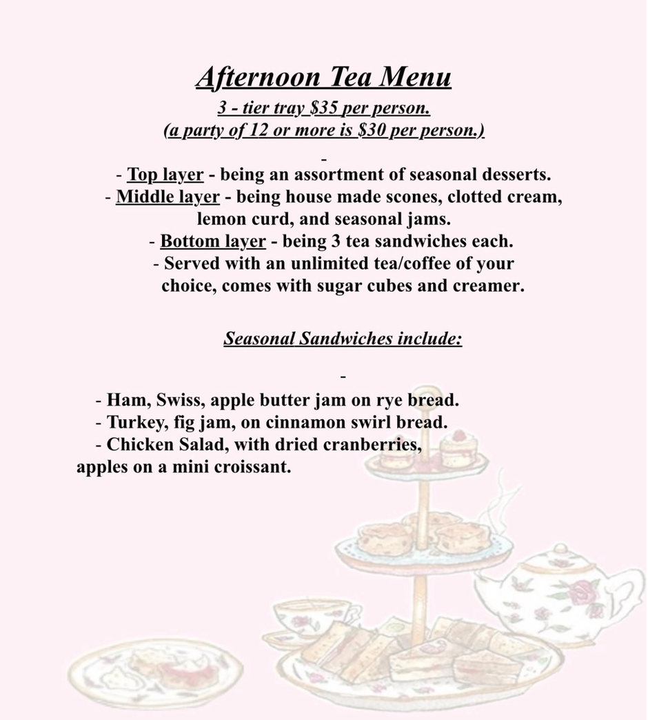 Pink afternoon tea menu with scones, tea sandwiches, pastries, and teacups on a tiered stand