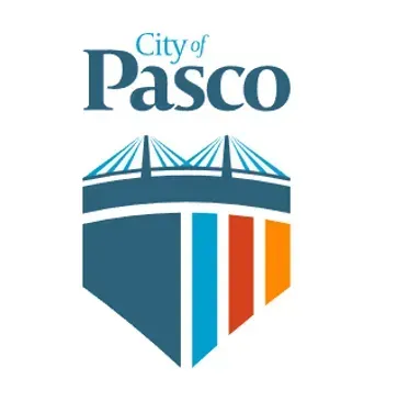 City of Pasco logo with blue text and a stylized shield in blue, teal, white, and orange