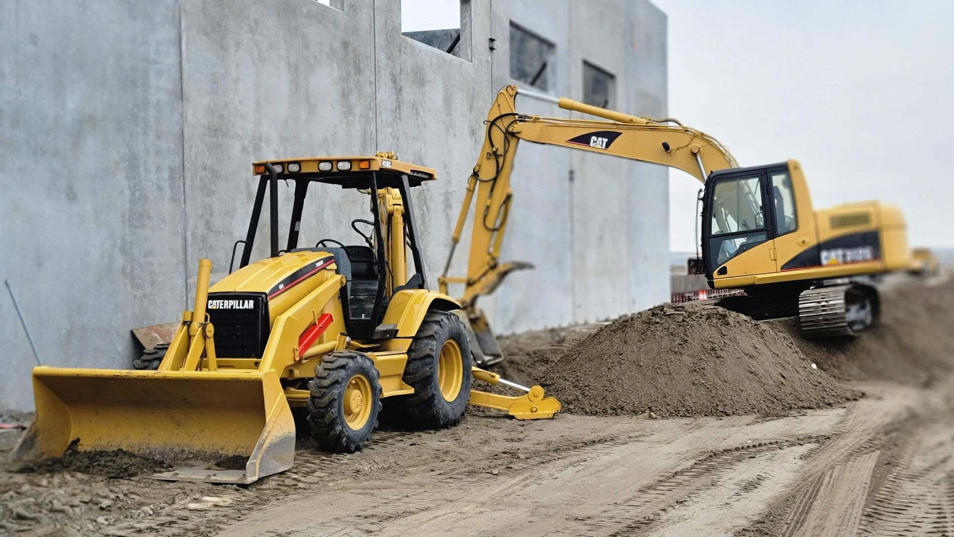 Yellow backhoe and excavator moving dirt beside a concrete building on a construction site
