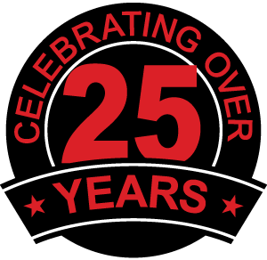 Black and red “Celebrating Over 25 Years” anniversary emblem with large 25 and stars