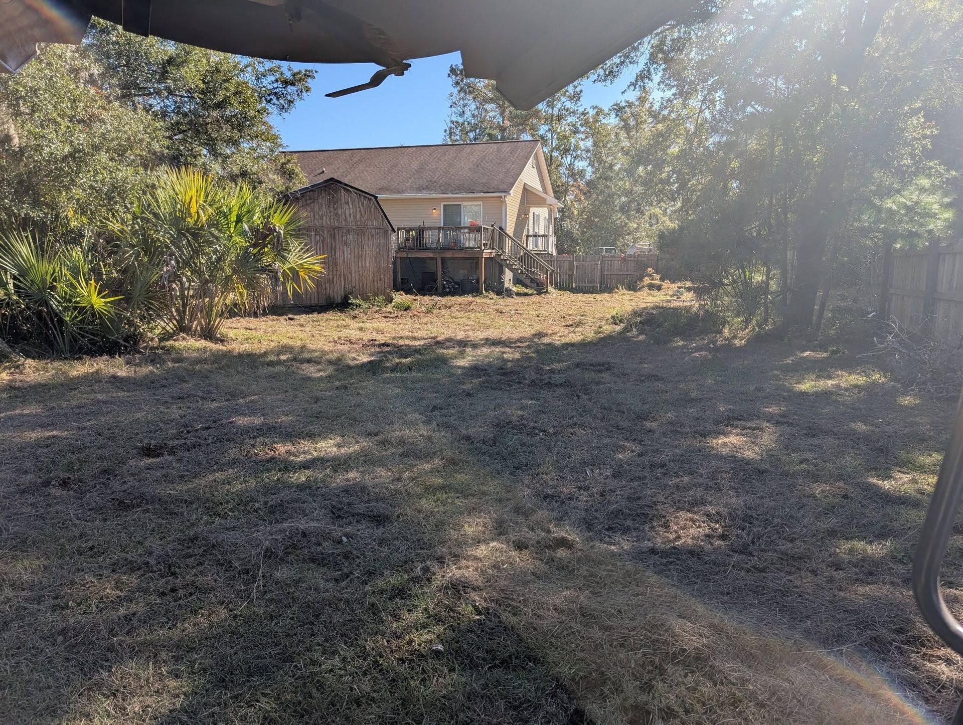 Dry backyard with a house, trees, and a large canopy or umbrella casting shade in the foreground.