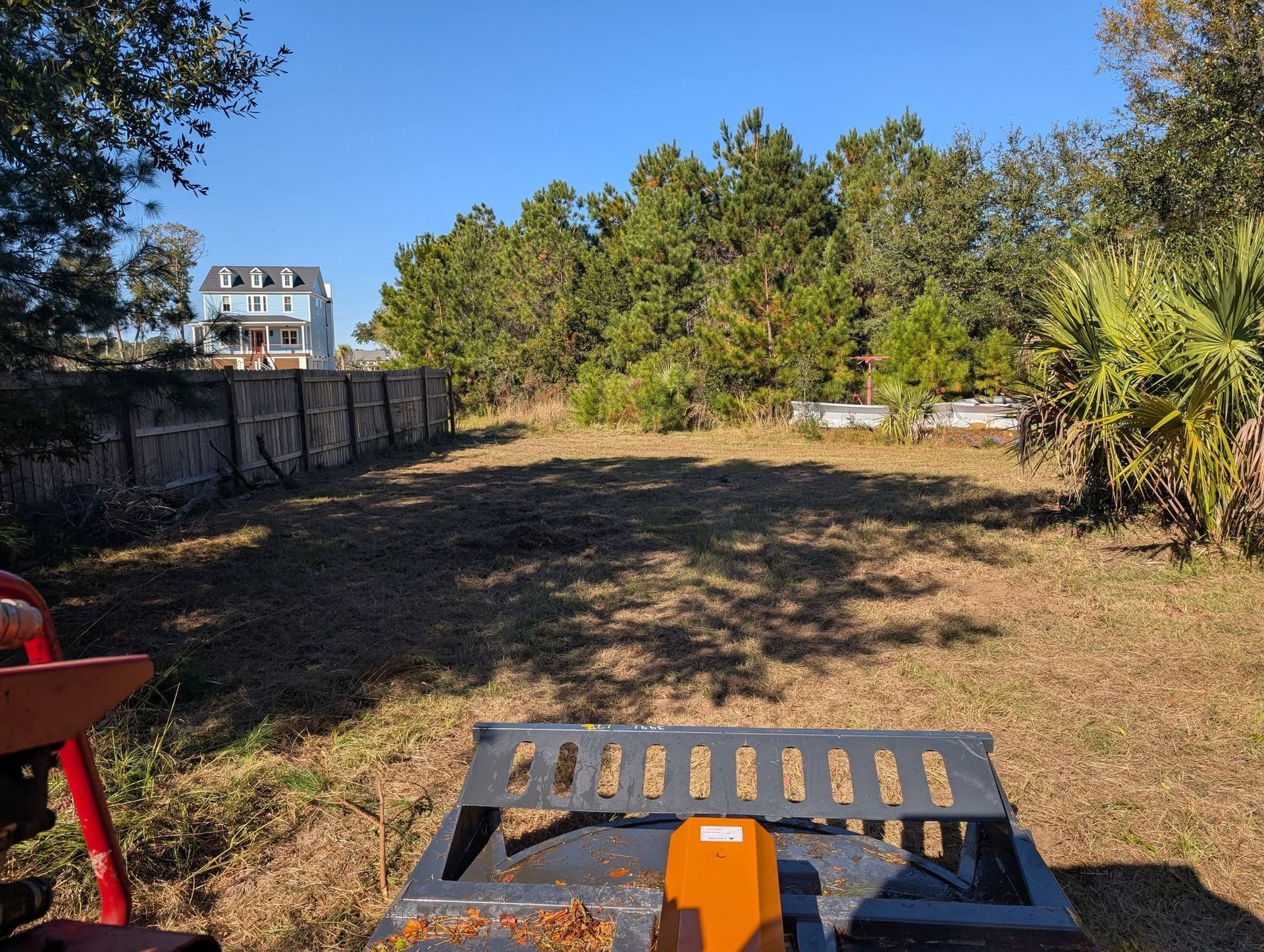 Sunny backyard with dry grass, trees, a fence, and a lawn mower in the foreground.