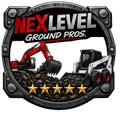 NEXLEVEL Ground Pros logo with excavators, gravel, and five gold stars on a black gear emblem