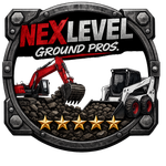 NEXLEVEL Ground Pros logo with excavators, gravel, and five gold stars on a black gear emblem