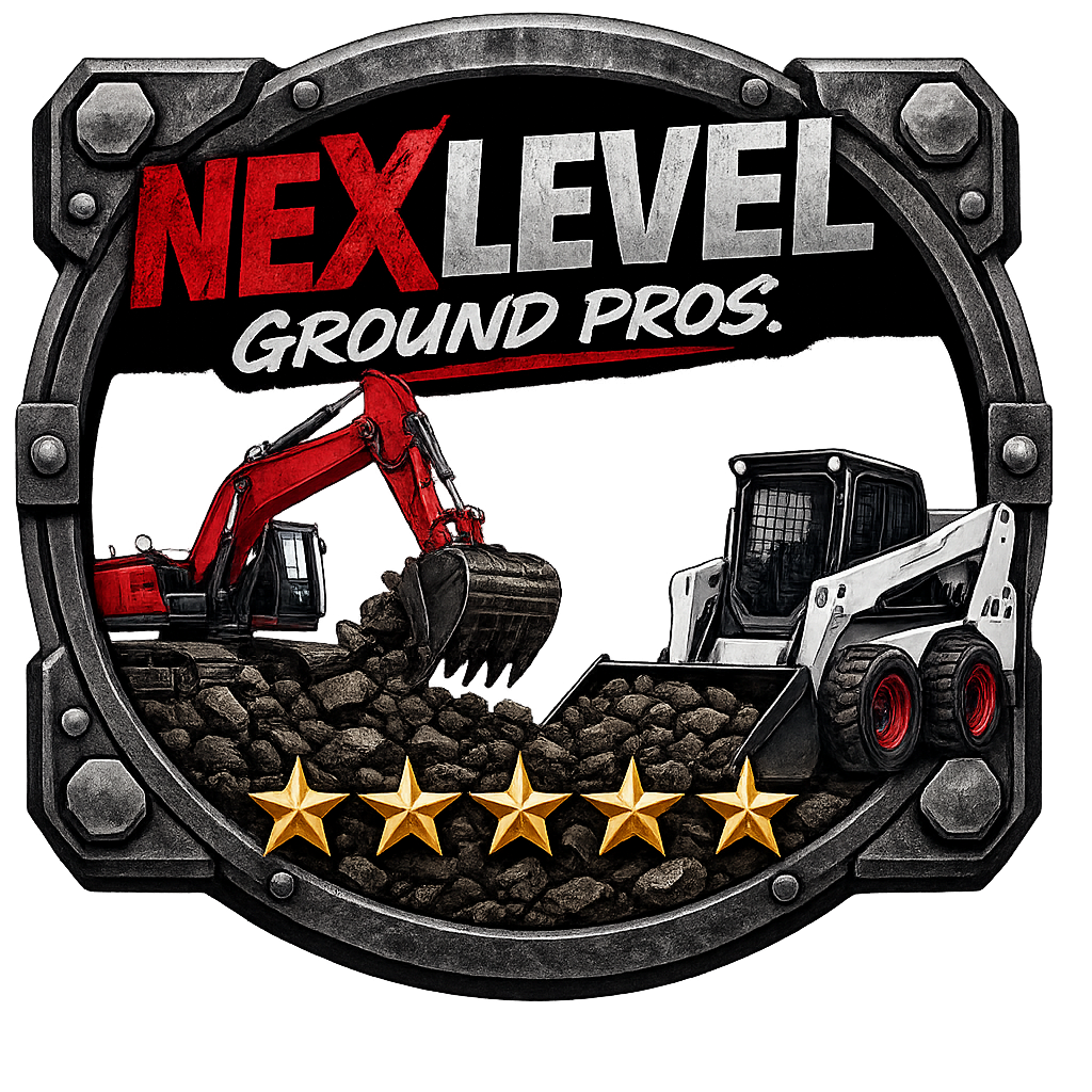 NEXLEVEL Ground Pros logo with excavators, gravel, and five gold stars on a black gear emblem