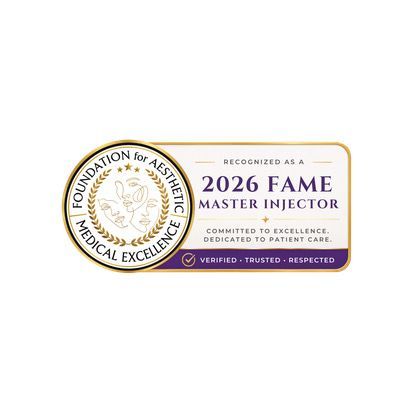 2026 FAME Master Injection recognition badge with gold and purple medical excellence seal