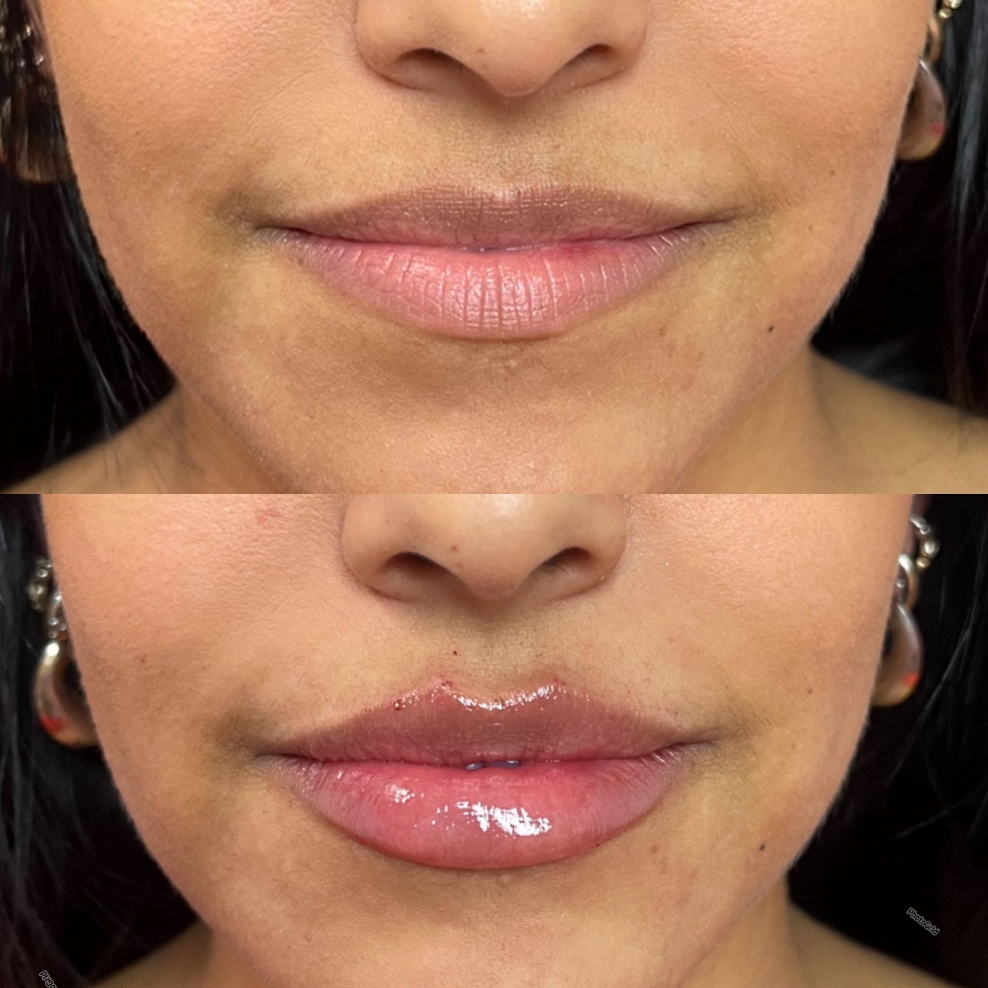 Close-up of lips before and after gloss application, showing a more shiny finish on the bottom lips.
