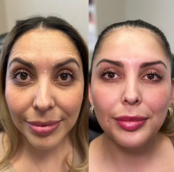 Side-by-side close-up of two similar faces, left natural makeup and right with brighter pink makeup