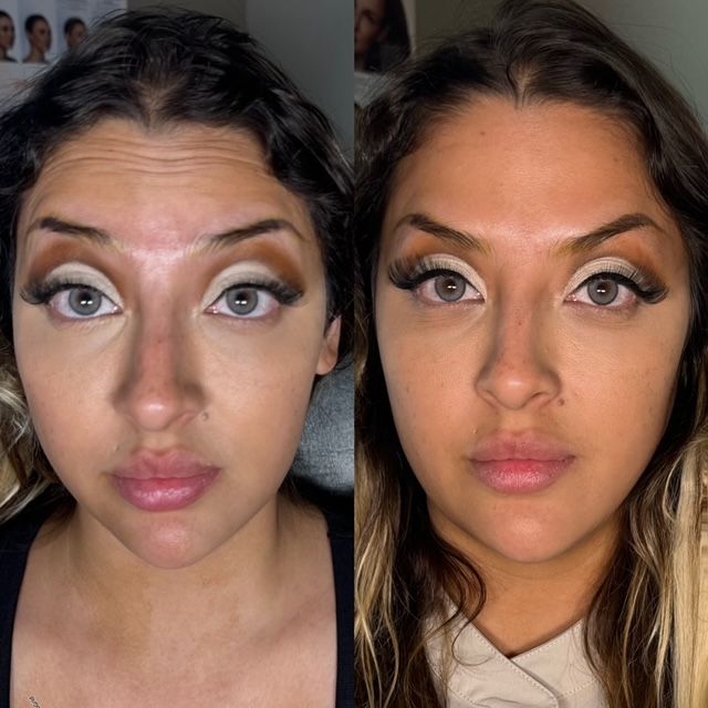 Side-by-side face comparison showing makeup on the left and a more natural look on the right.