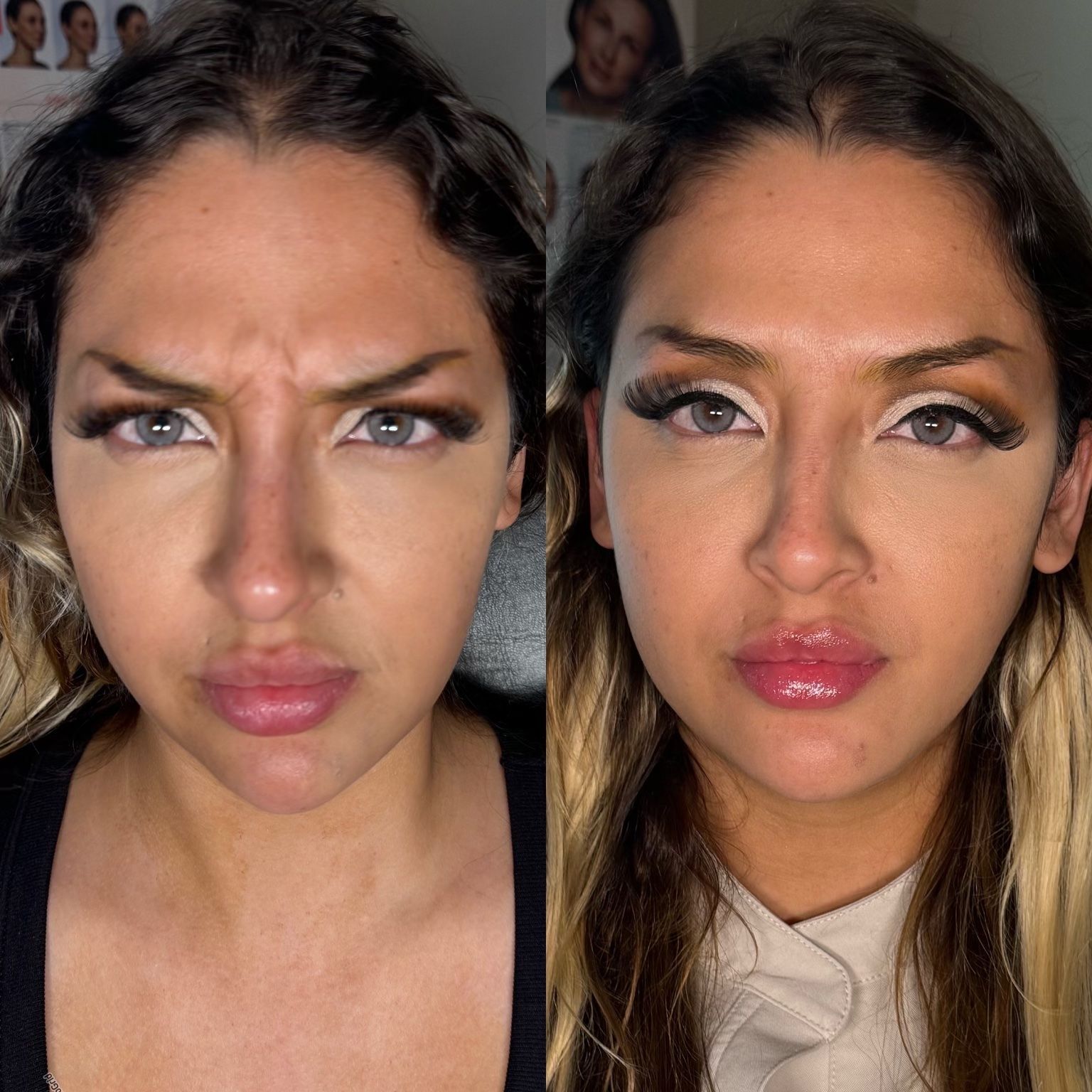 Side-by-side close-up portraits showing a woman with makeup, one with a frown and one with a neutral expression
