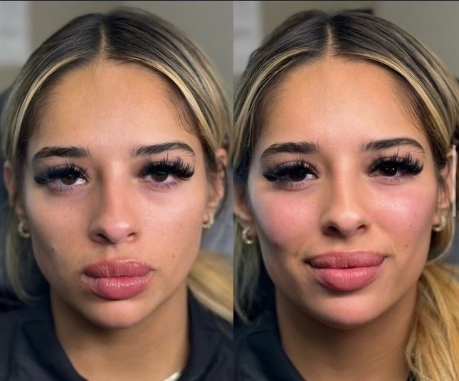 Side-by-side portrait of a woman with heavy mascara, showing a neutral expression on the left and a slight smile on the right