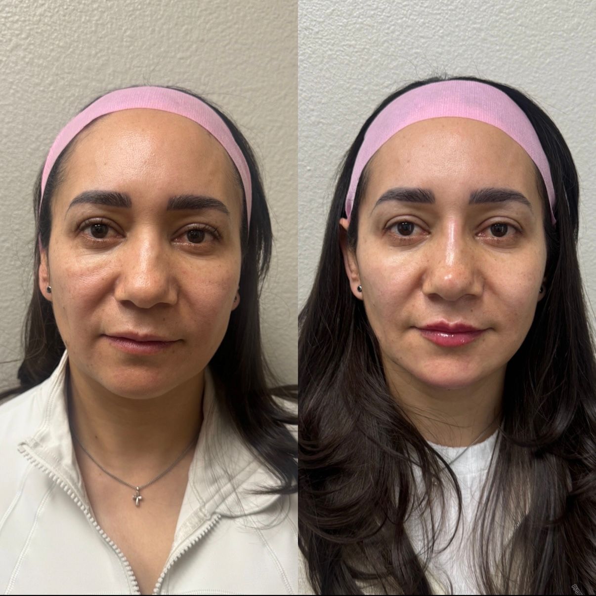 Side-by-side portrait of the same woman before and after makeup, wearing a pink headband and white top.