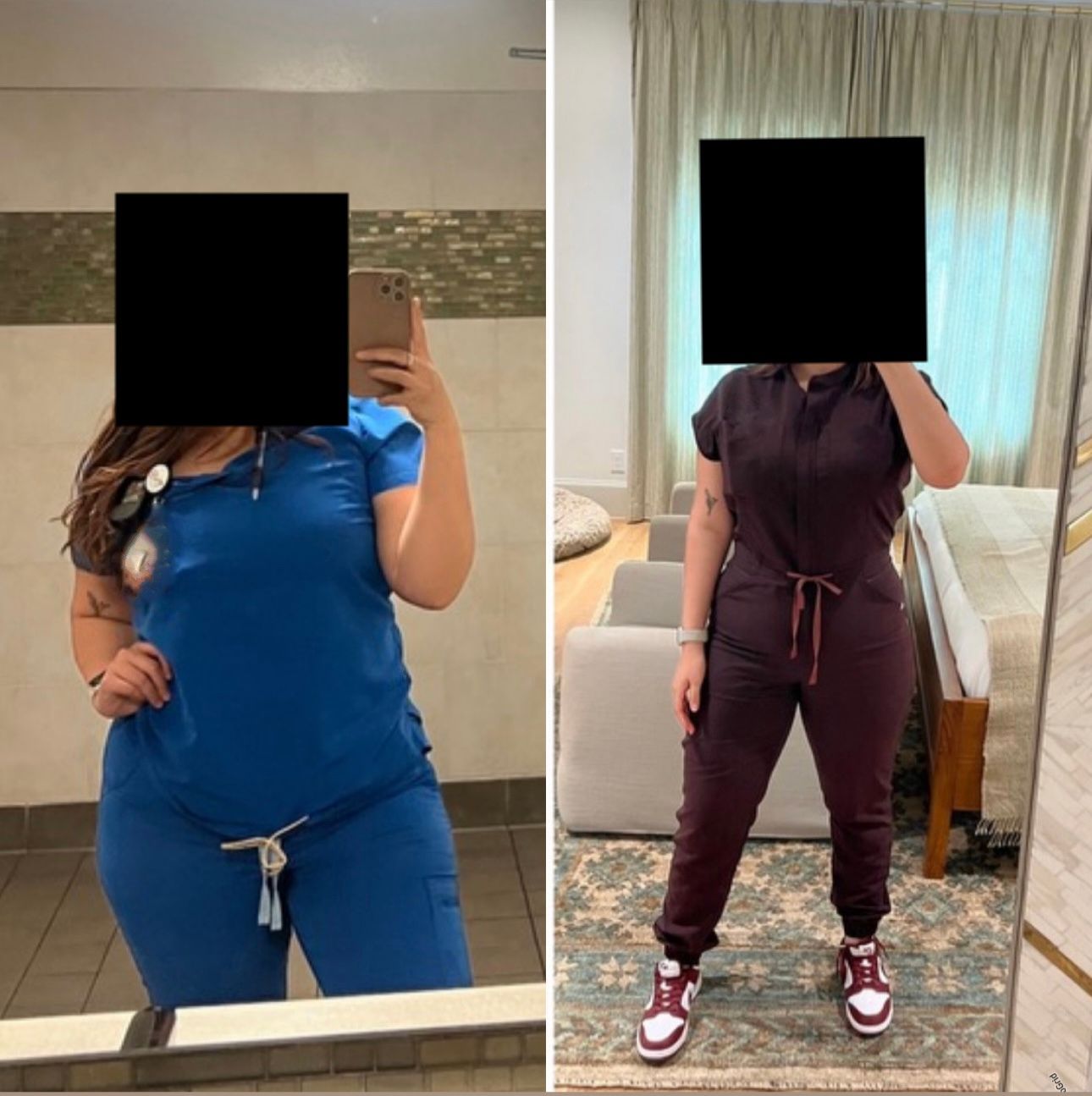 Two mirror selfies in different outfits: blue top and jeans, then burgundy jumpsuit and sneakers.