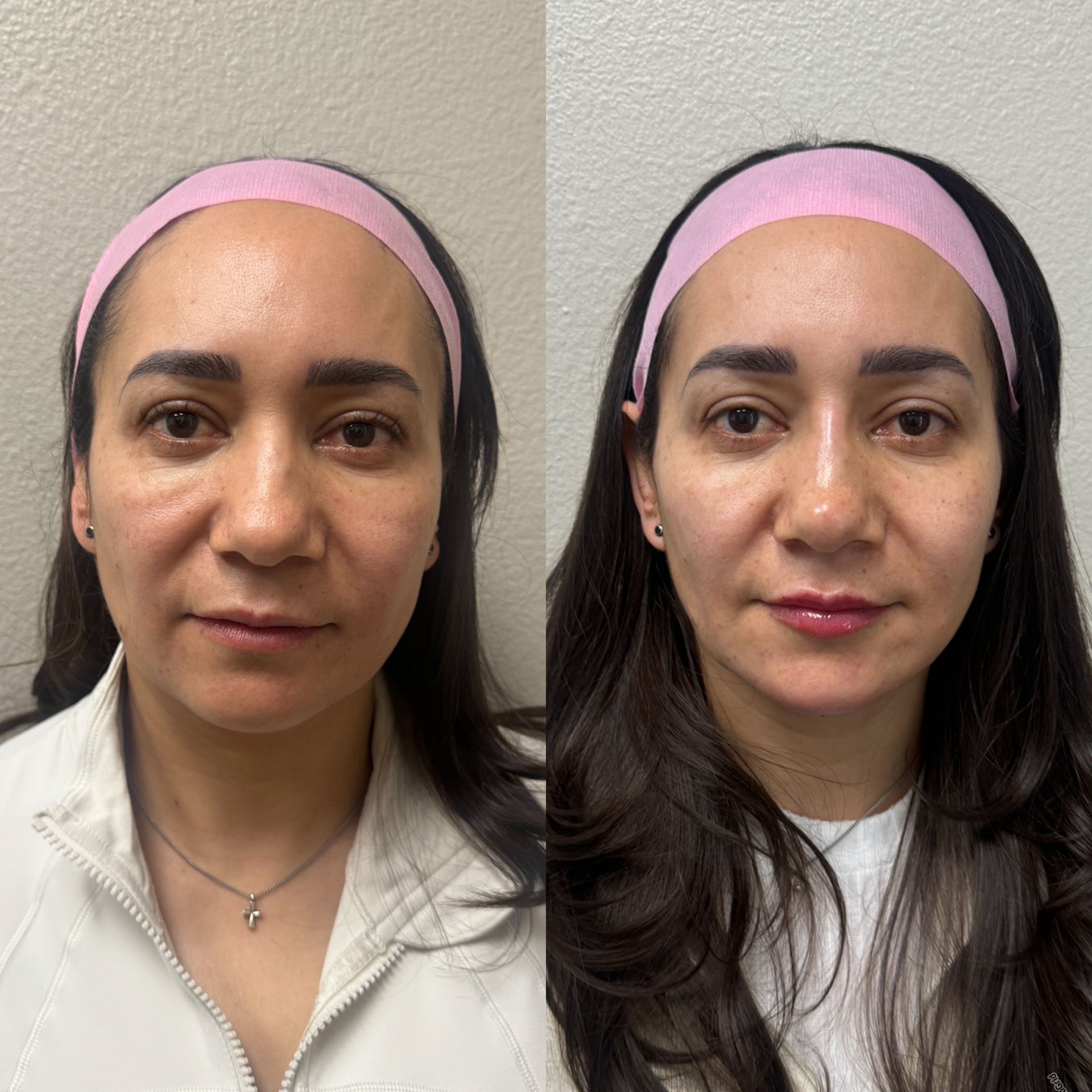 Side-by-side portrait showing the same woman before and after makeup, wearing a pink headband.