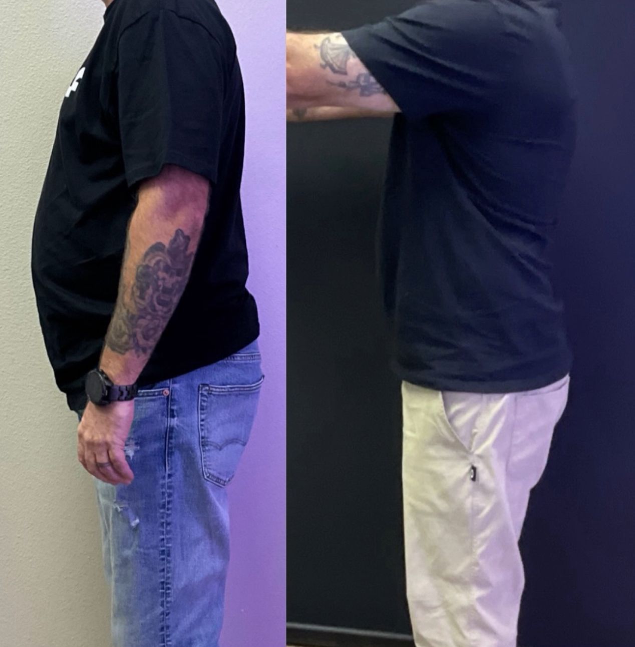Side-by-side side views of a tattooed person in a black T-shirt with blue jeans and white pants.