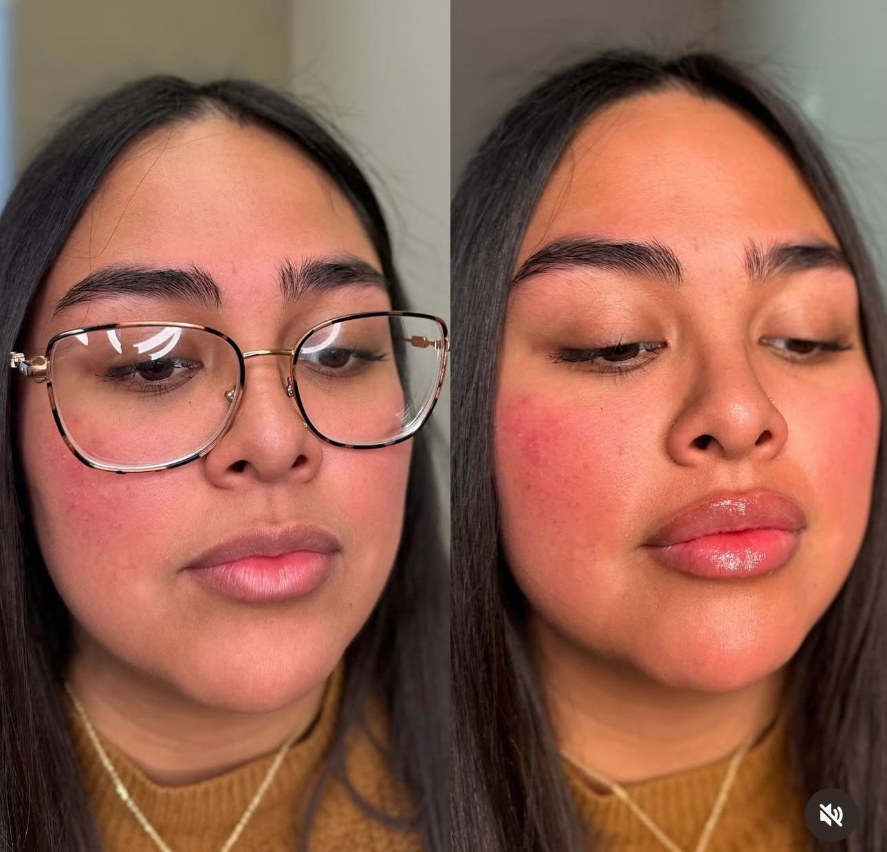 Side-by-side close-up selfies: left with glasses, right without, wearing natural makeup and a tan sweater.
