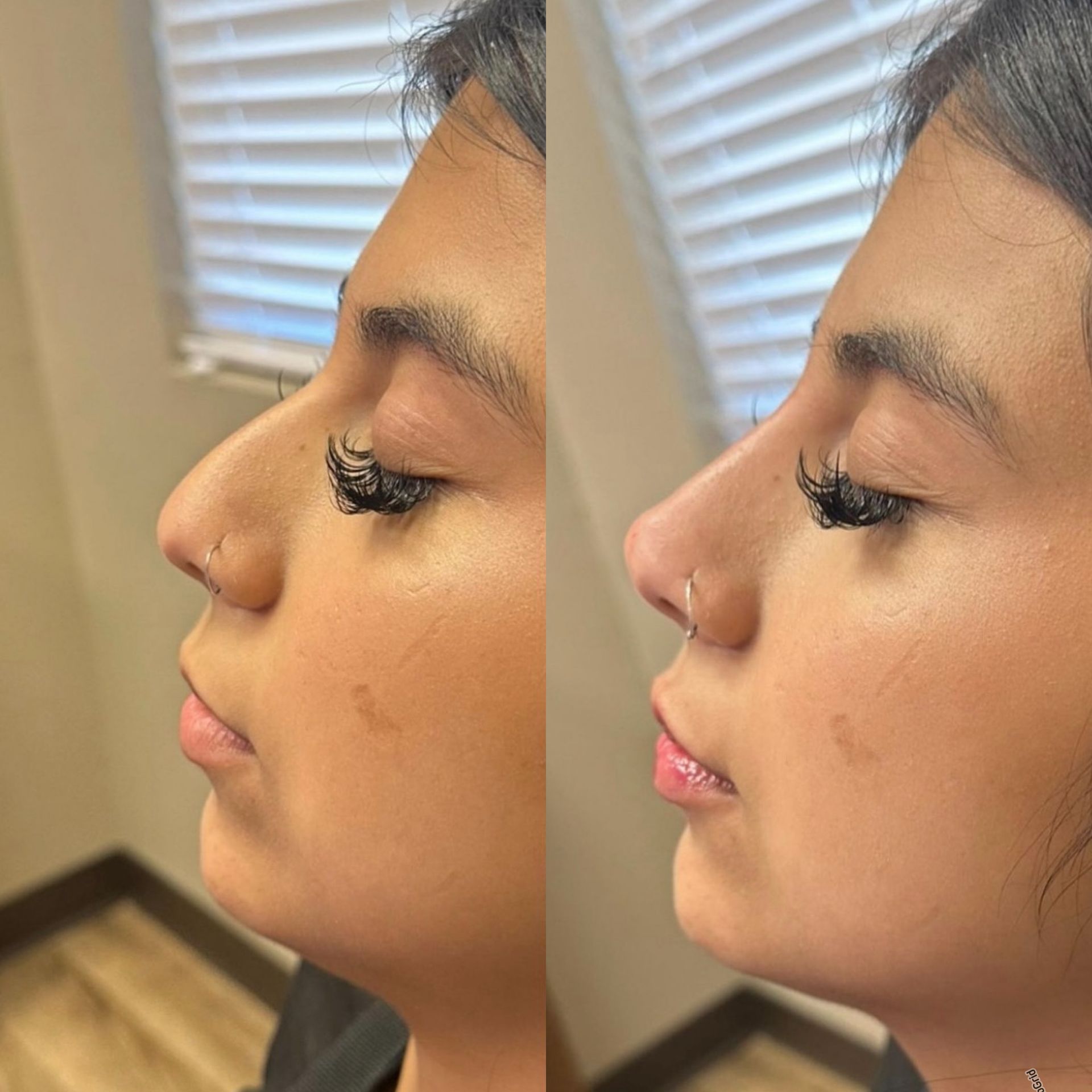 Side-by-side profile photos of a person with closed eyes and false eyelashes by a window