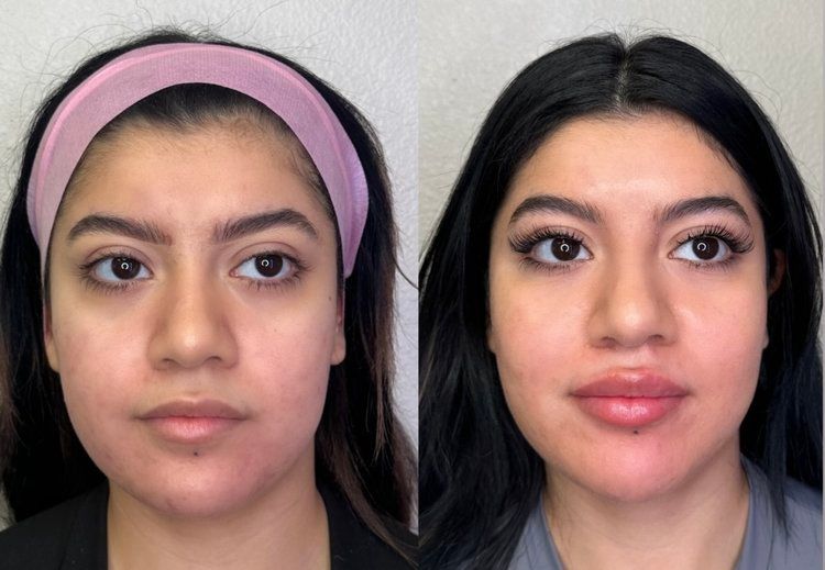 Two side-by-side portrait selfies showing the same person before and after makeup