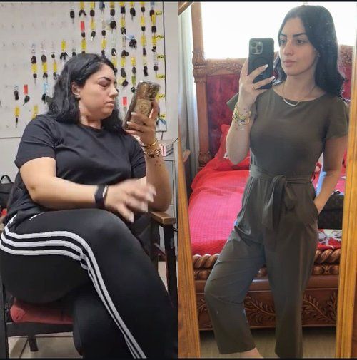 Side-by-side mirror selfies showing a black-clad person seated and standing in a bedroom.