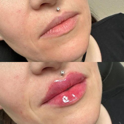 Close-up of two lips with a silver septum piercing; one matte, one glossy pink.