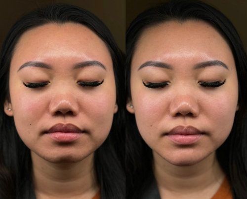 Two side-by-side portraits of a woman with closed eyes against a dark background